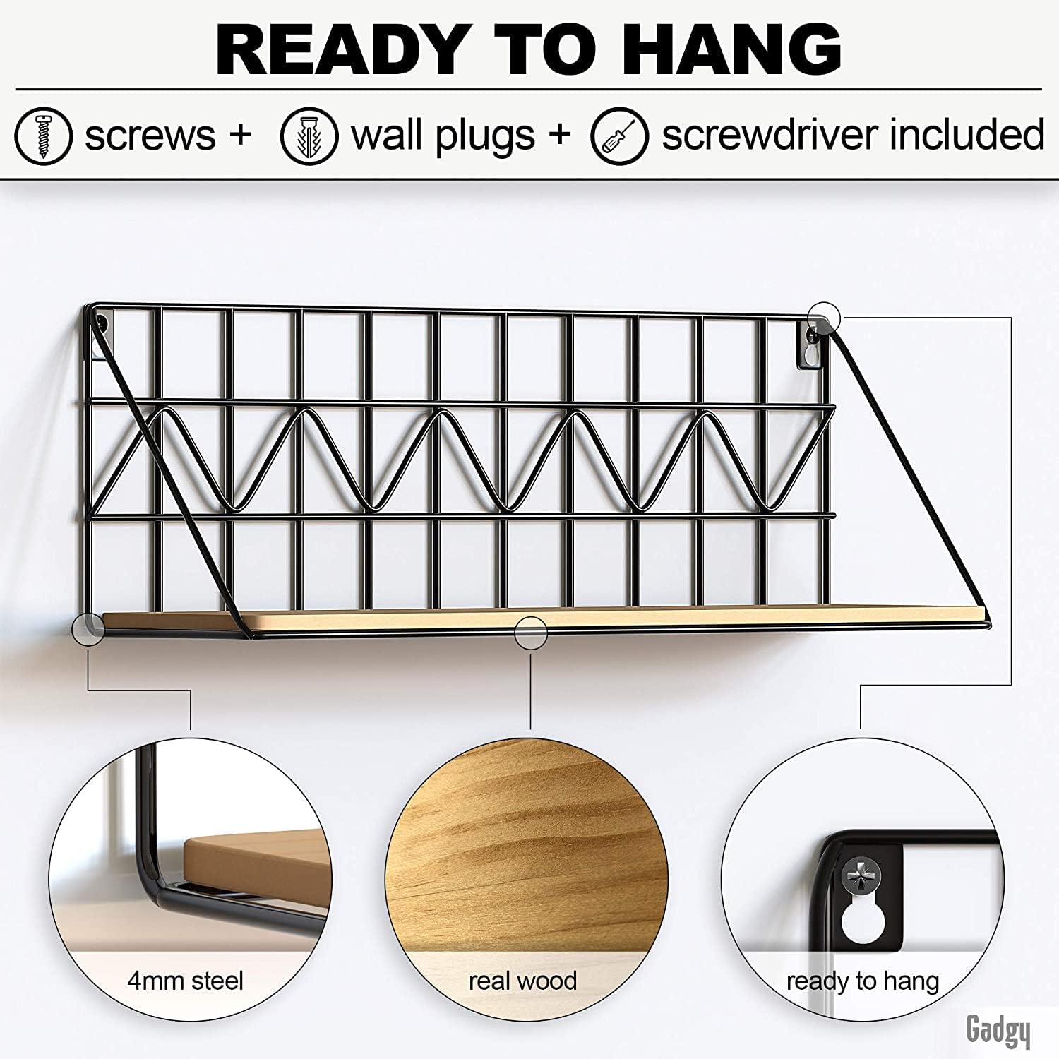 Gadgy Floating Wall Shelves Set, 2-Piece Wooden & Black Metal, Rustic Decor