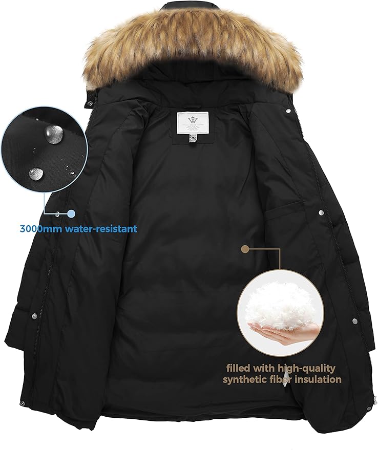 Black parka jacket with fur hood, water-resistant features highlighted, on a white background.