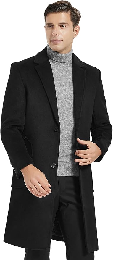 Mens Wool Trench Coat Slim Fit Long Woolen Overcoat Black Size XL iCKER