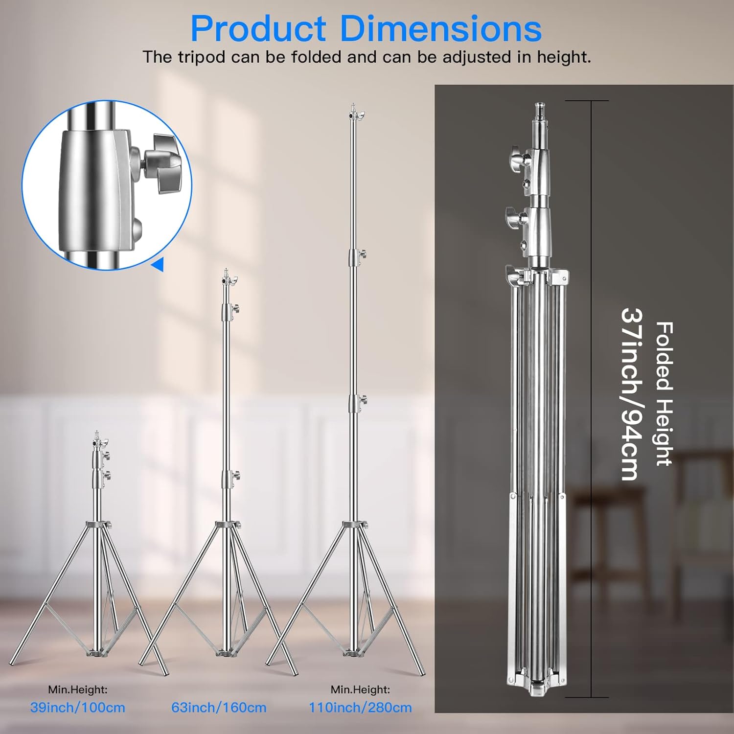 Stainless Steel Light Stand 2.8m Heavy Duty Tripod with Adapter Photography SUPON