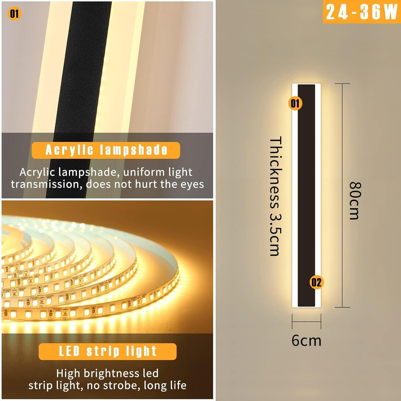 Mikeru 80CM LED Outdoor Modern Strip Wall Light, 3000k/4500k/6000k, 31W