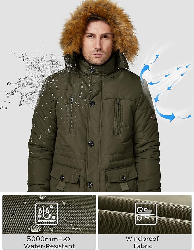 Man wearing a green winter jacket with fur hood, water-resistant and windproof features shown.