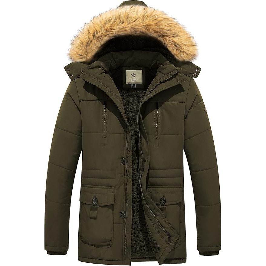 Green winter coat with fur-lined hood on a white background