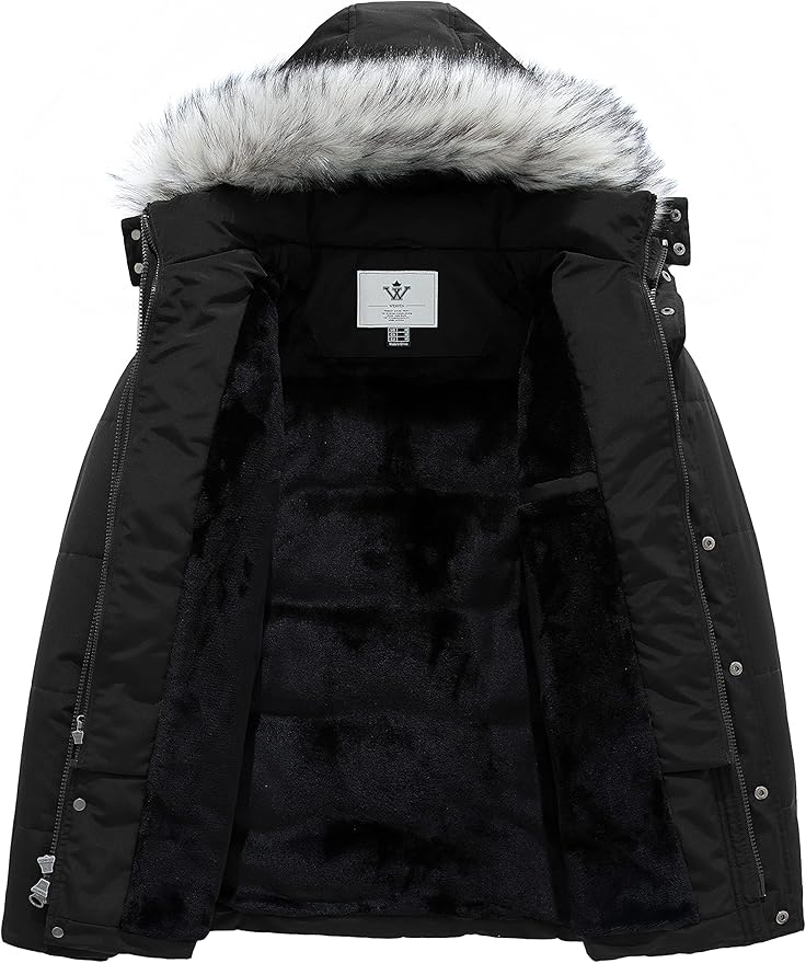 Black winter jacket with fur-lined hood on a white background