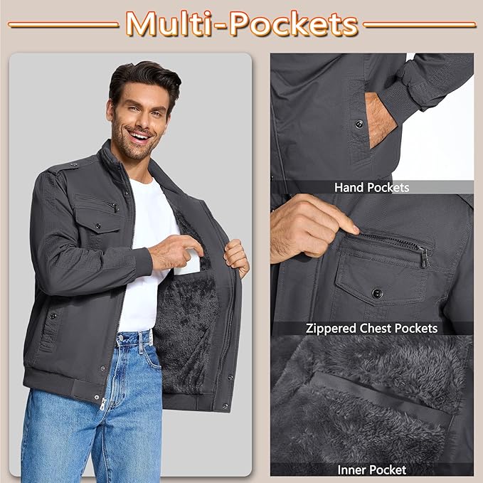 Man wearing a dark gray jacket with multiple pockets, highlighting hand, chest, and inner pockets.
