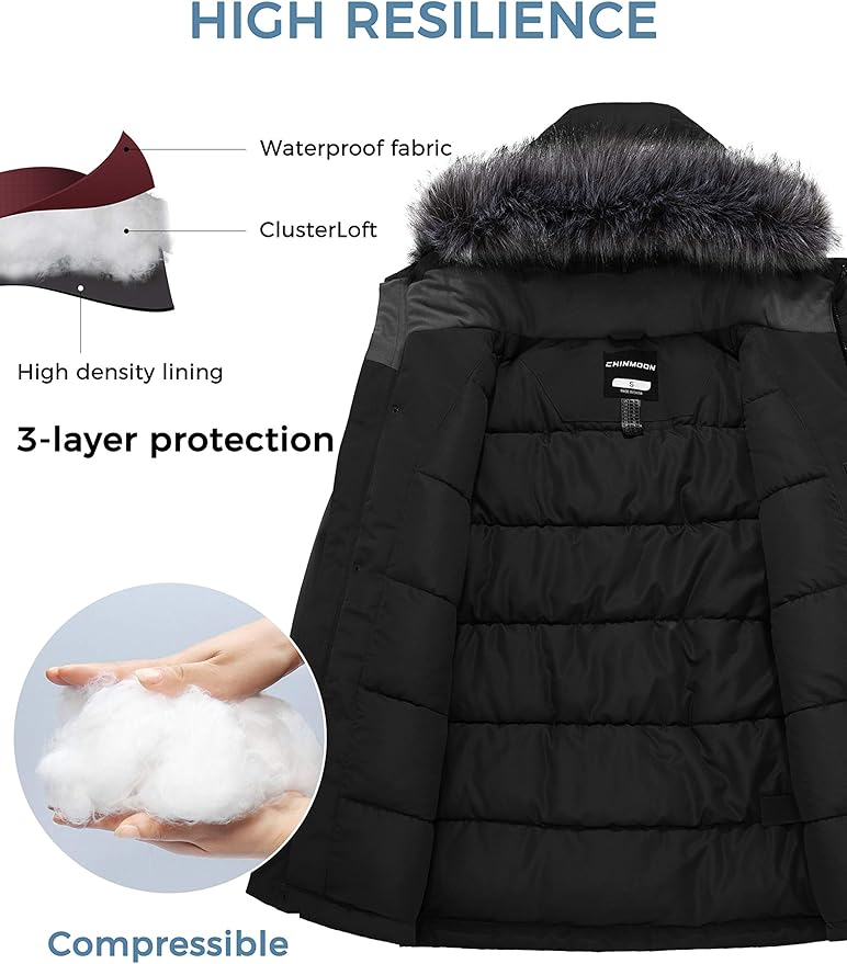 Black winter jacket with features highlighted, including waterproof fabric and clusterLoft technology.