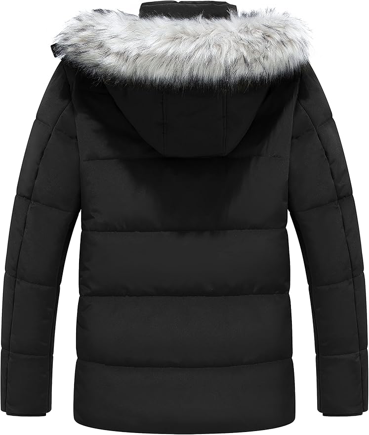 Black winter jacket with fur-lined hood on a white background