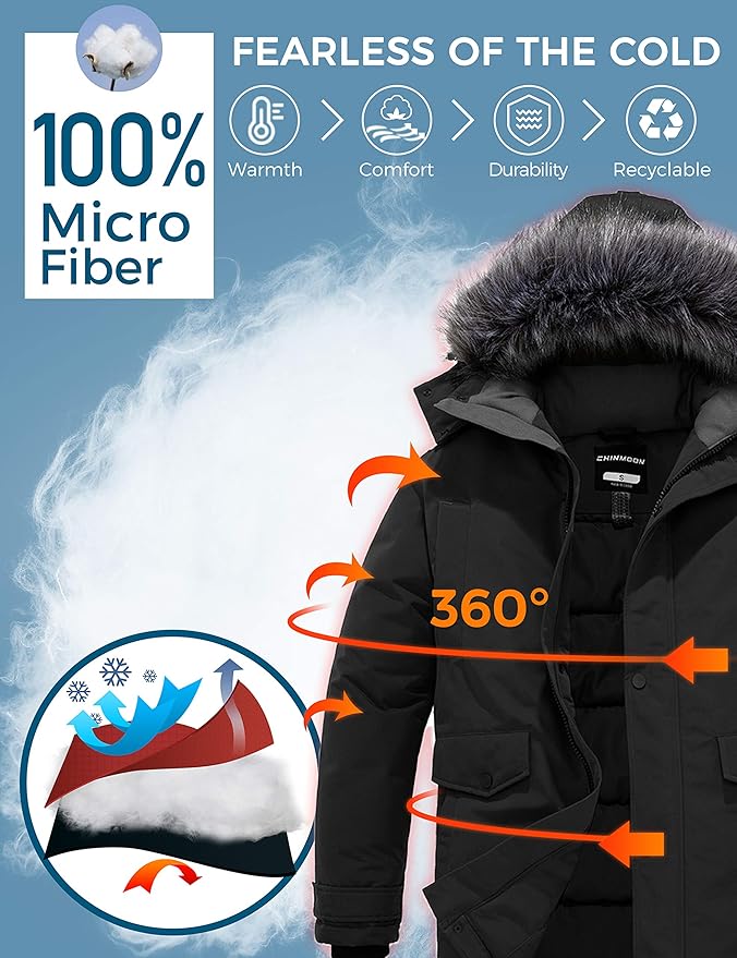 Mens Winter Puffer Coat Warm Windproof Hooded Parka Black Size L CHINMOON