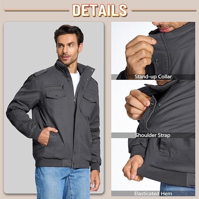 Gray jacket with stand-up collar, shoulder strap, and elasticated hem features highlighted.