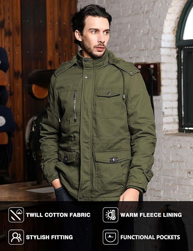 Mens Thickened Fleece Parka Jacket Insulated With Removable Hood Size S