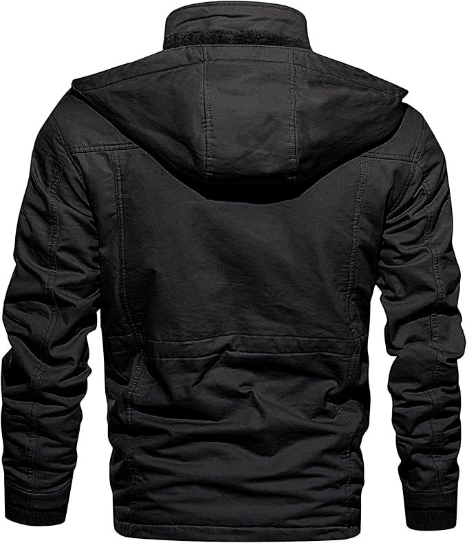 Black jacket with a hood on a white background