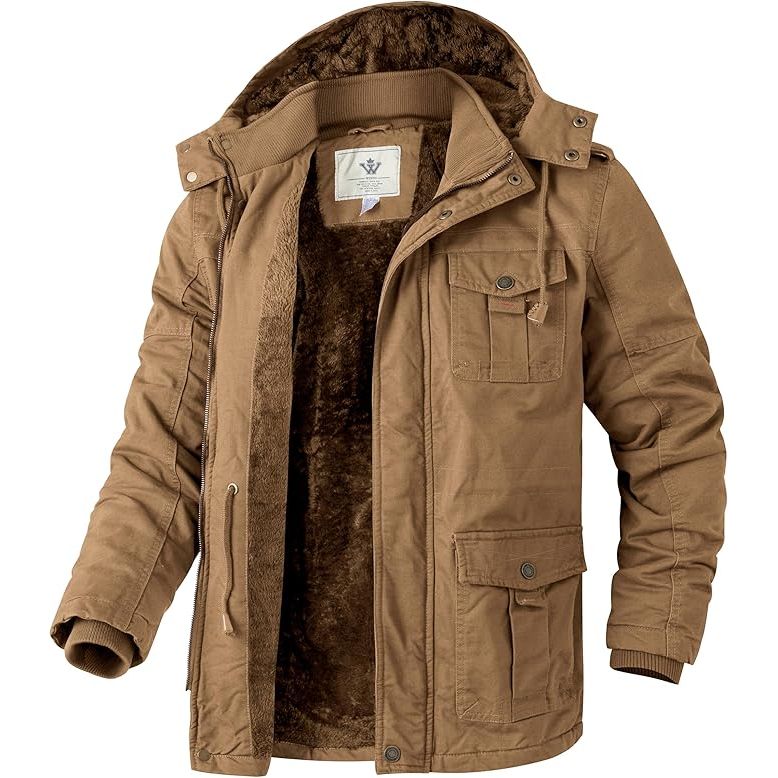 Brown winter jacket with fur lining on a white background