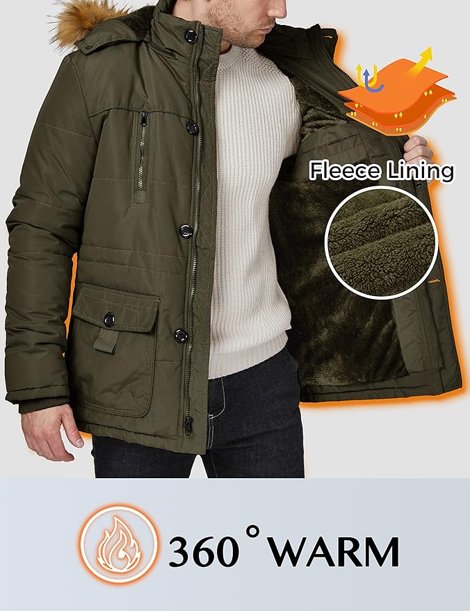 Green jacket with fleece lining feature, displayed on a person wearing a white sweater.