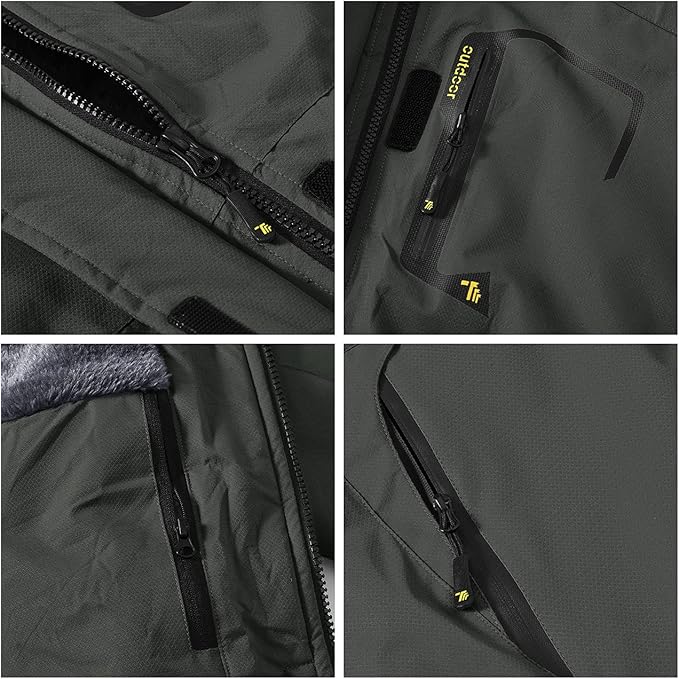 Collage of close-up details of a dark gray jacket with zippers and branding.