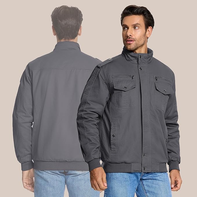 Man wearing a gray jacket, shown from front and back, on a beige background