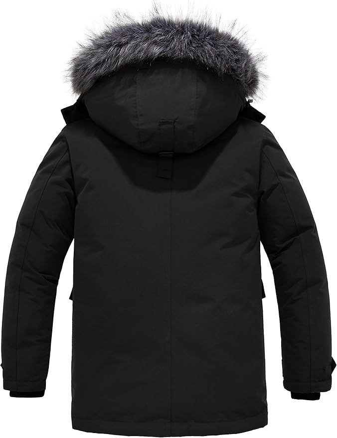 Black winter coat with fur-lined hood on a white background
