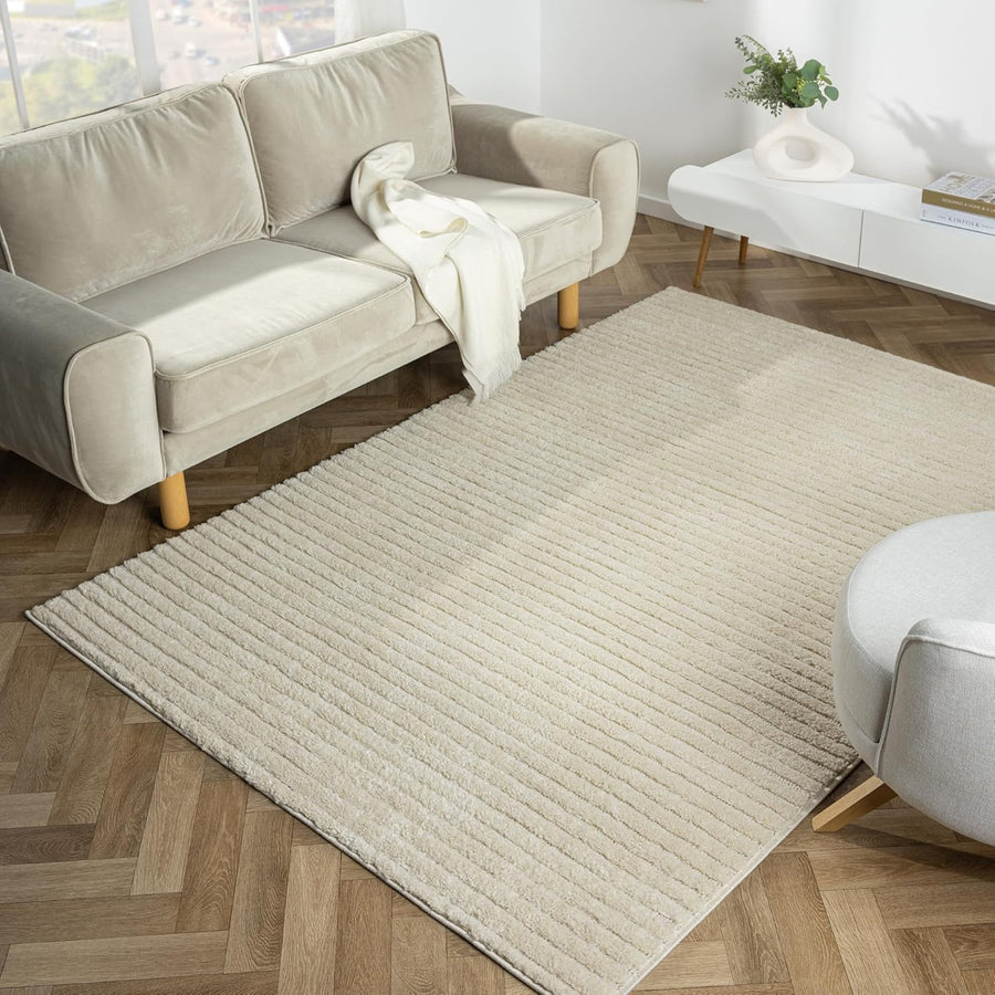 Carnival Shaggy Scandi Area Rug 120x170cm, Beige Stripe Boho Style, Anti-Slip - Massive Discounts