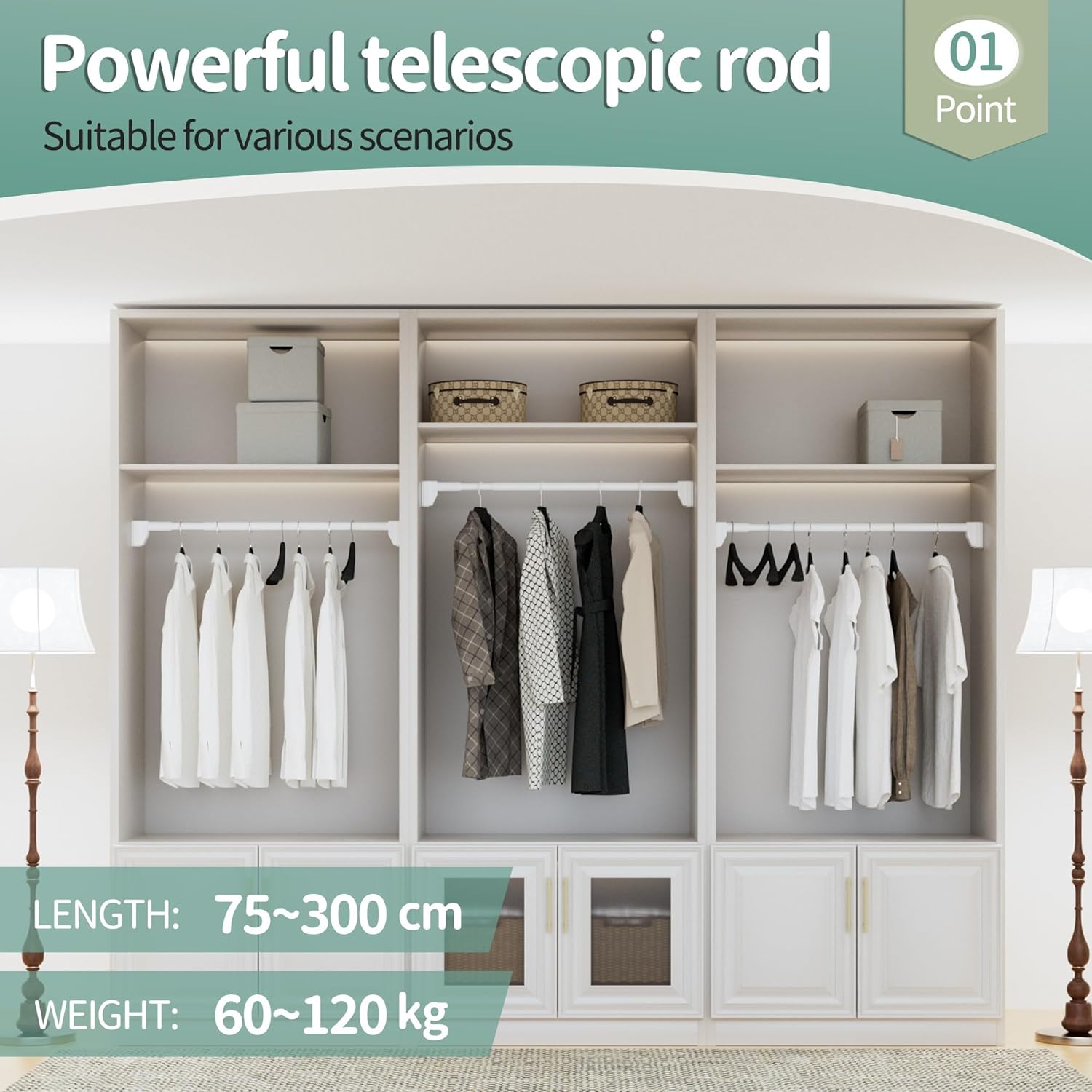 Telescopic Shower Curtain Rod, 120-200cm, No-Drill, Suction Cups, White