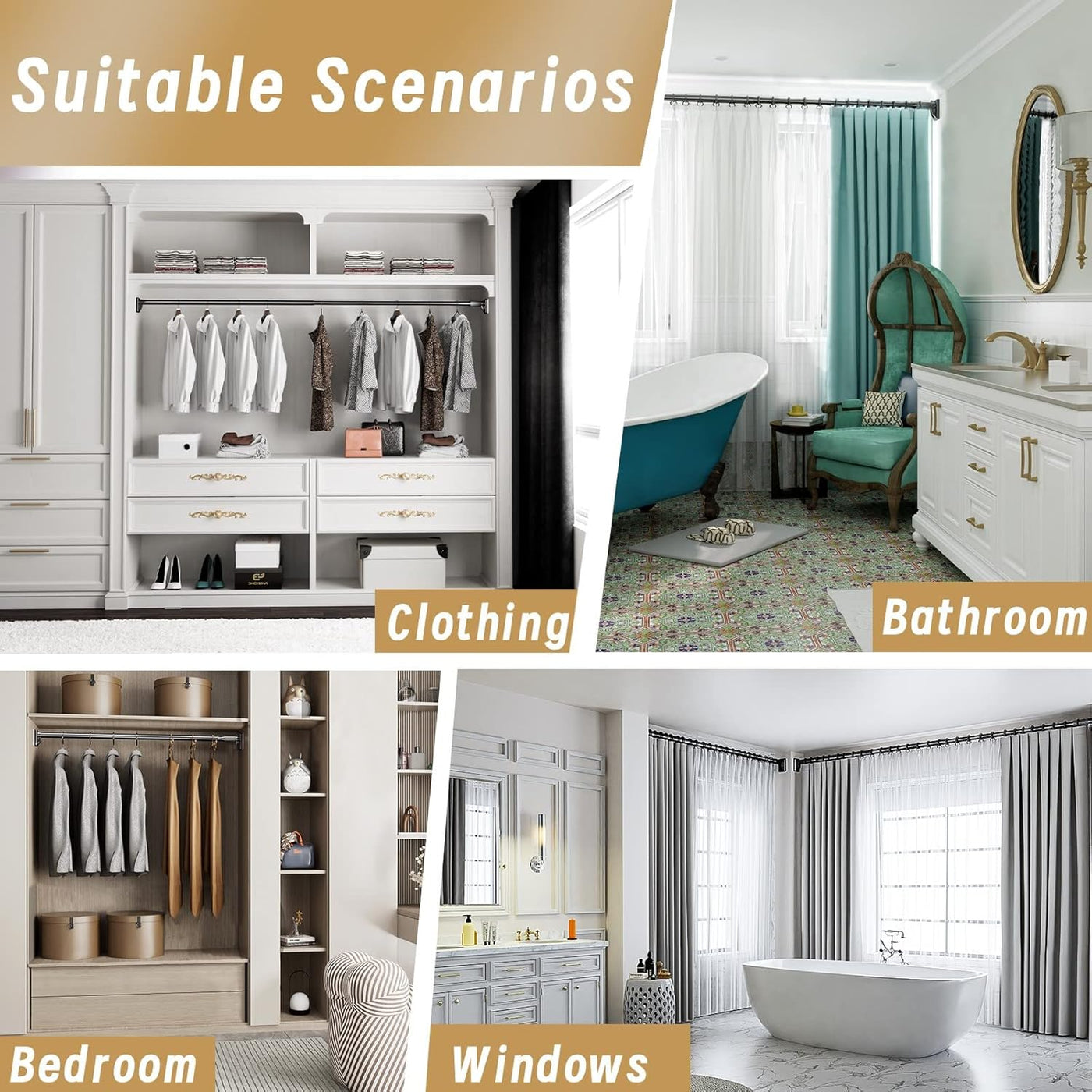 Telescopic Shower Curtain Rod, 110-250cm, No Drilling, Steel, Up to 50kg, Black