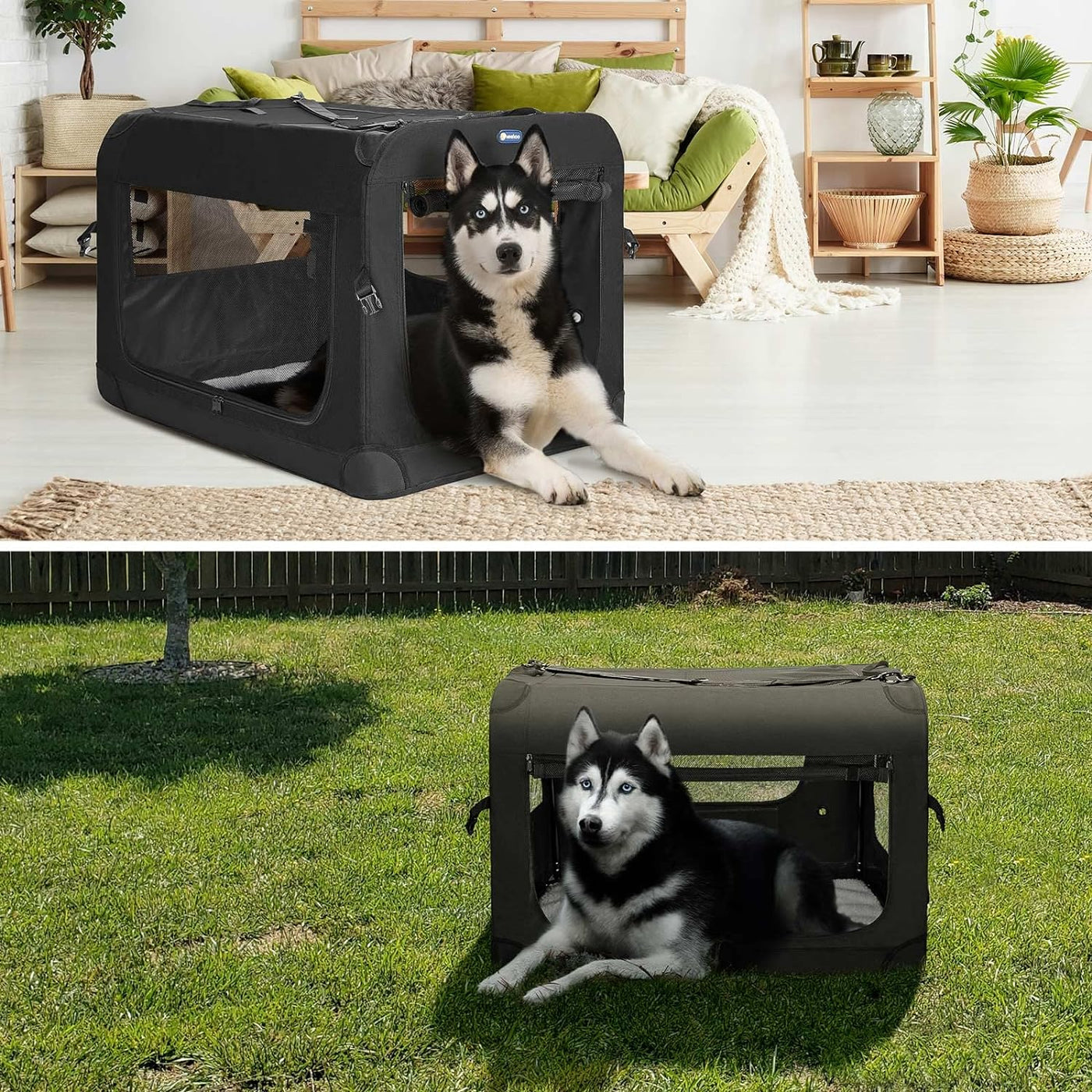 Veehoo 28'' Folding Soft Dog Crate, 3-Door Pet Kennel for Indoor & Outdoor Use