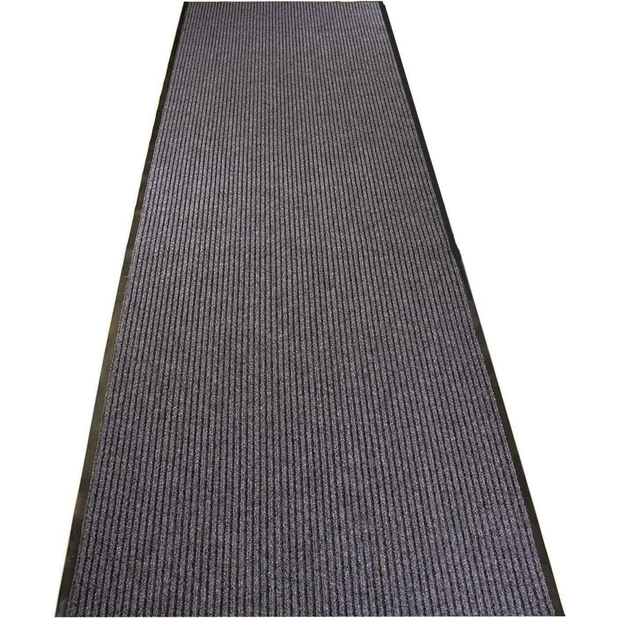 A gray, solid-colored non-slip hallway runner mat with a textured weave pattern.