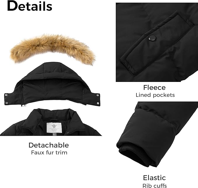 Womens Winter Puffer Coat Warm Jacket Fur Removable Hood Size L Black
