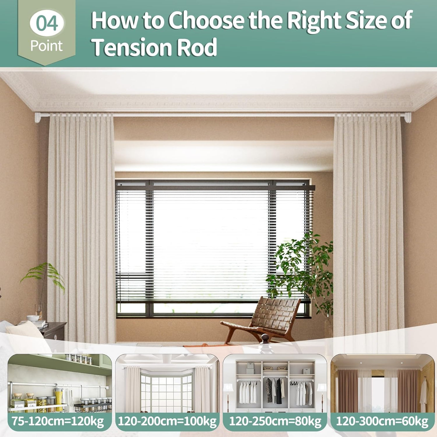 Telescopic Shower Curtain Rod, 120-200cm, No-Drill, Suction Cups, White