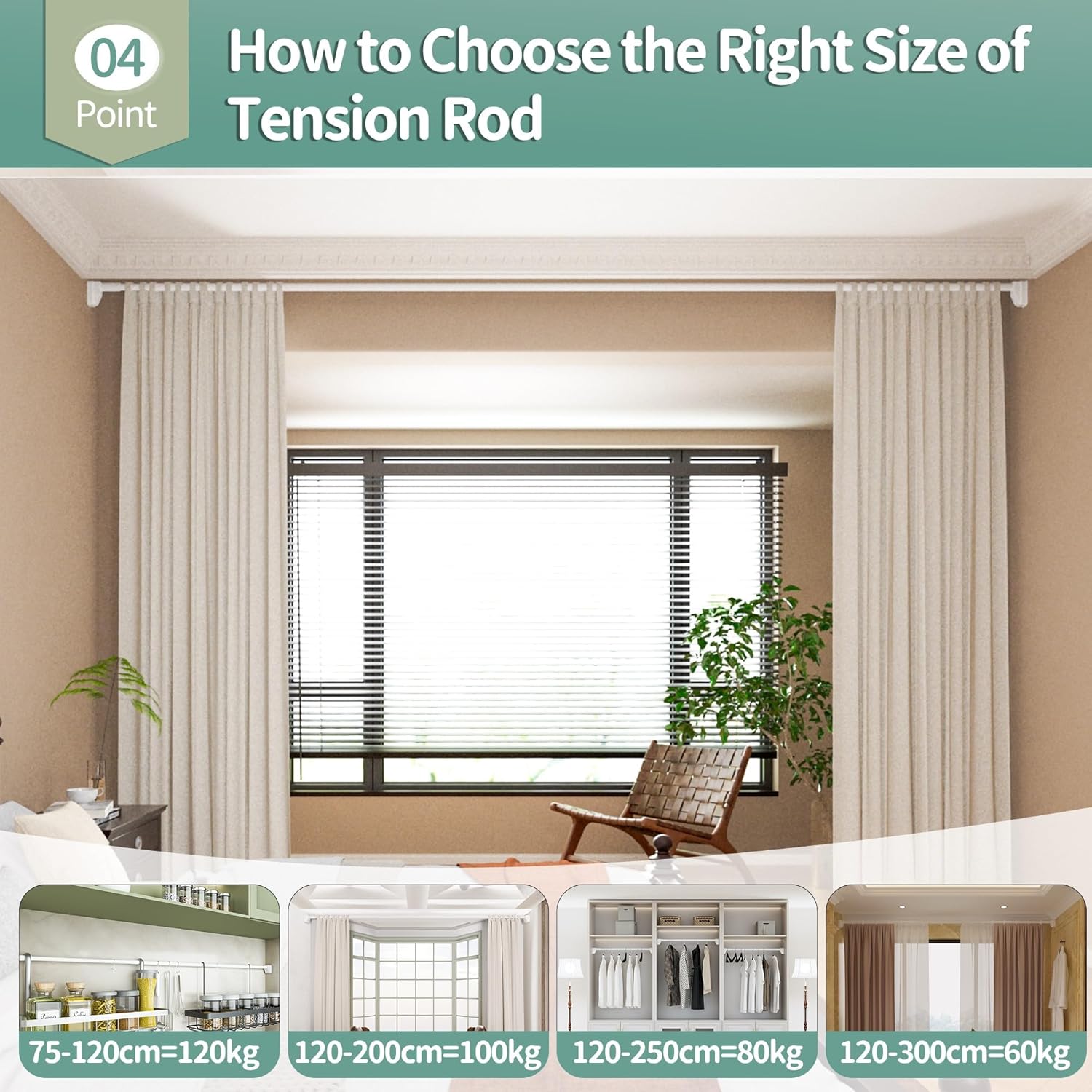 Telescopic Shower Curtain Rod, 120-200cm, No-Drill, Suction Cups, White