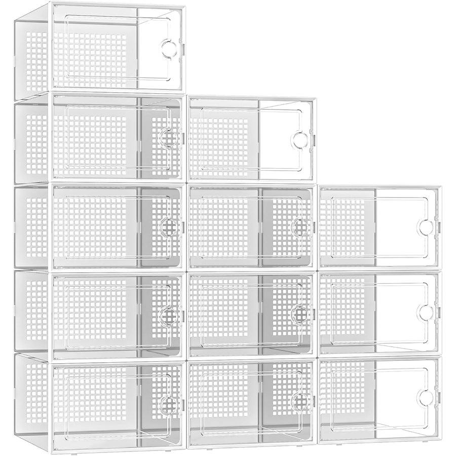 Stackable Shoe Boxes 12-Pack Clear Fit Size 12 Space-Saving Organizer Kuject