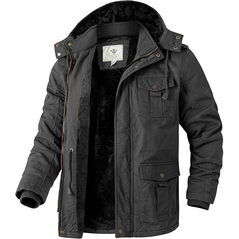 Dark gray winter jacket with a hood on a white background