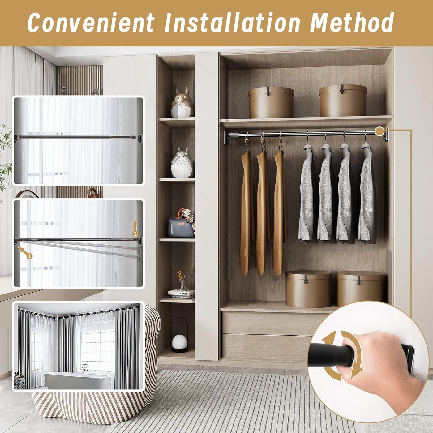 Telescopic Shower Curtain Rod, 110-250cm, No Drilling, Steel, Up to 50kg, Black