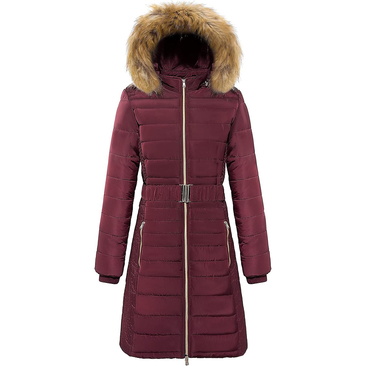 Womens Long Winter Coat Warm Padded Jacket Windproof Faux Fur Hood