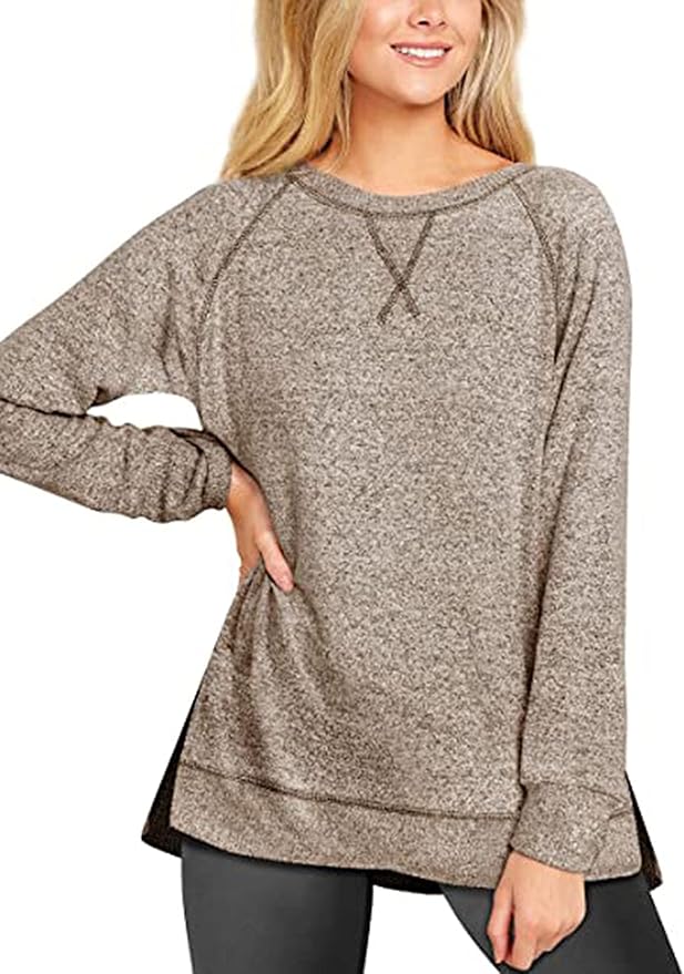 Woman wearing a beige long-sleeve top on a white background
