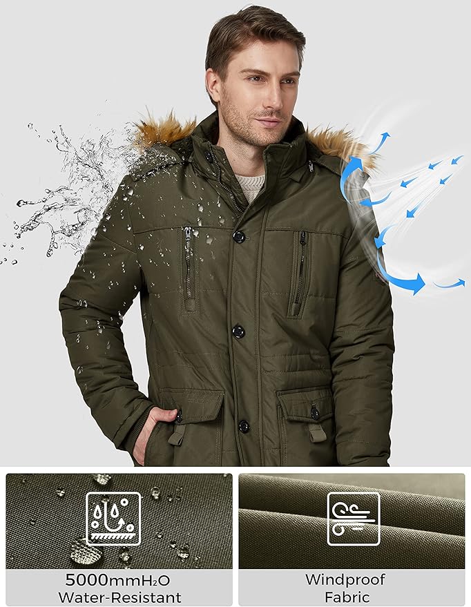 Man wearing a green winter jacket with water-resistant and windproof features, on a gray background.