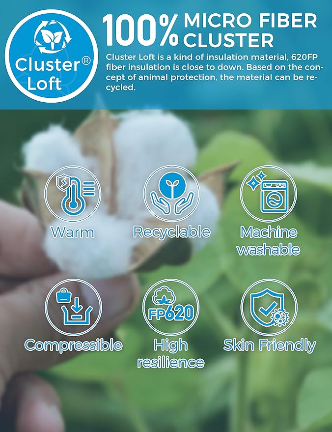 Cluster Loft insulation material with features listed on a green background