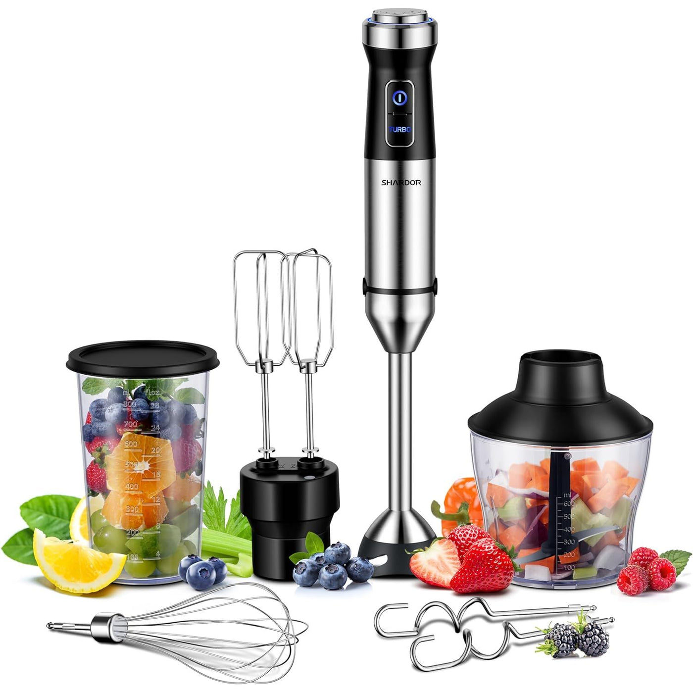 Set of kitchen tools including a blender, whisks, and containers with fruits on a white background