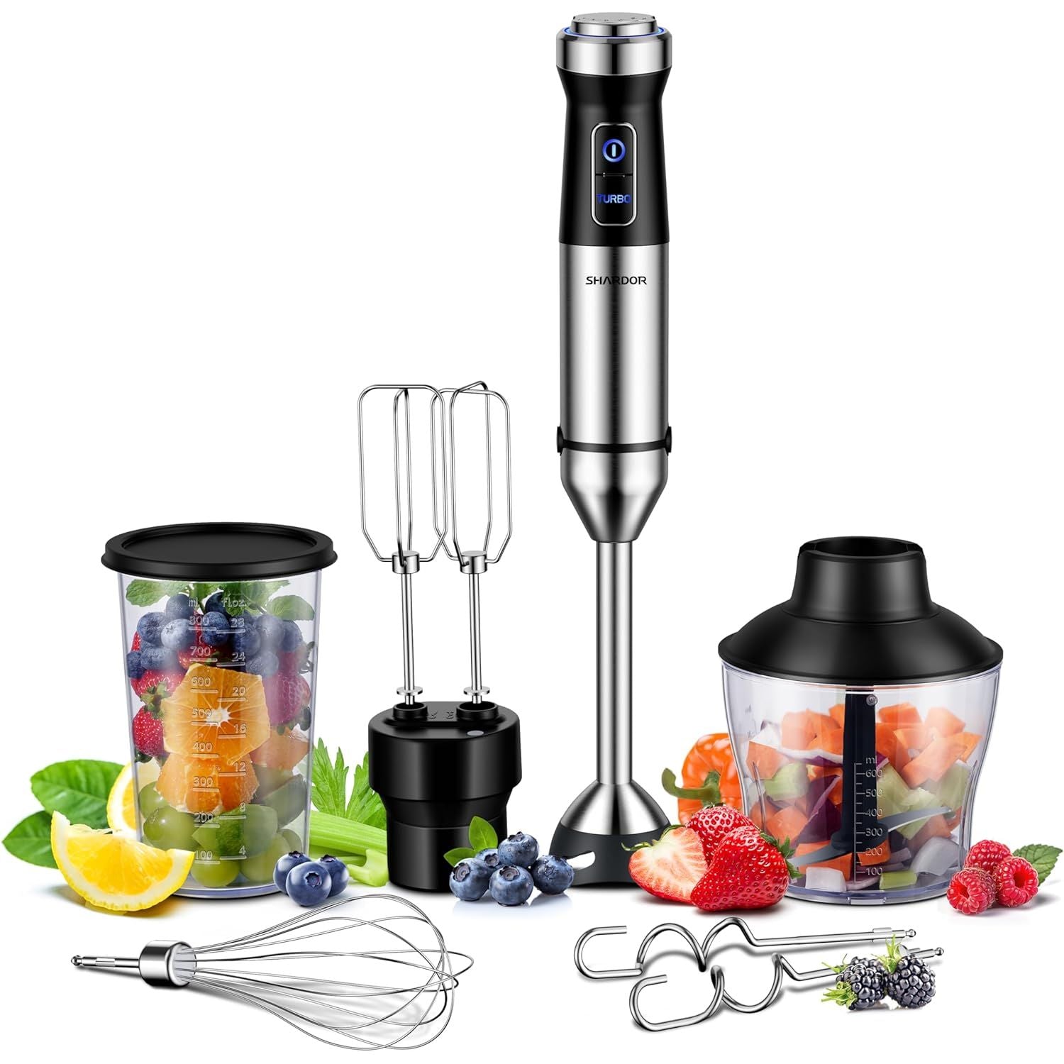 Set of kitchen tools including a blender, whisks, and containers with fruits on a white background