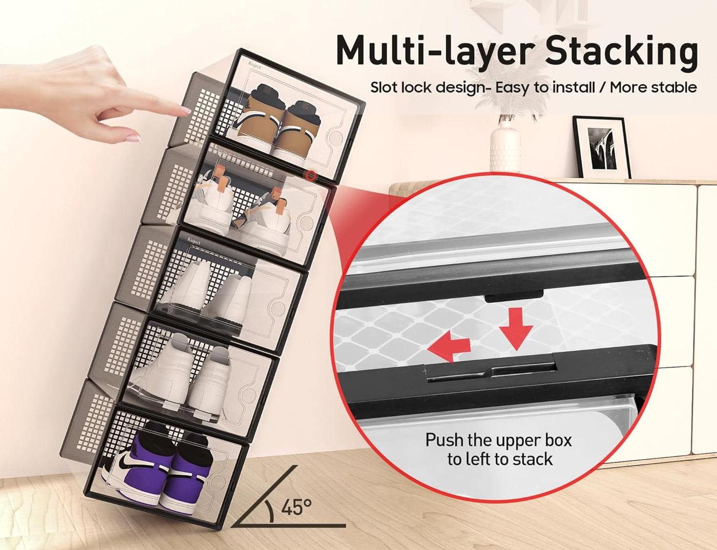 Stackable Shoe Boxes 12-Pack Clear Fit Size 12 Space-Saving Organizer Kuject