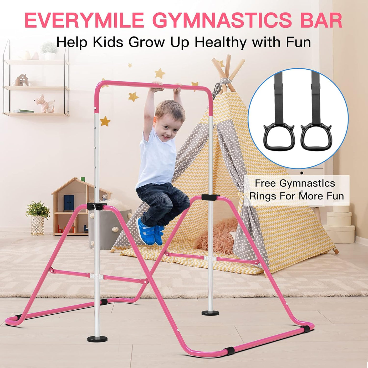 EVERYMILE Junior Gymnastics Bars, Adjustable Kip Training Bar w/ Rings for Kids