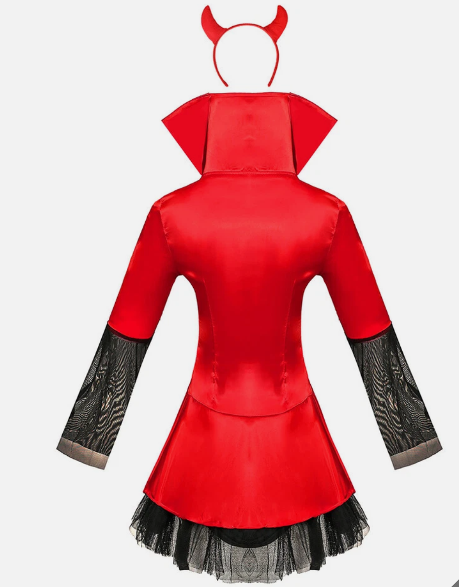 Red children's costume with black details on a white background