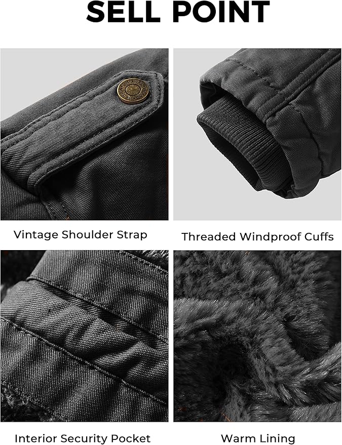 Collage of features including vintage shoulder strap, threaded windproof cuffs, interior security pocket, and warm lining on a jacket.