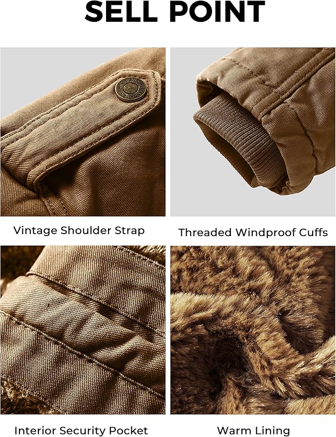 Collage of features of a brown jacket including vintage shoulder strap, threaded windproof cuffs, interior security pocket, and warm lining.