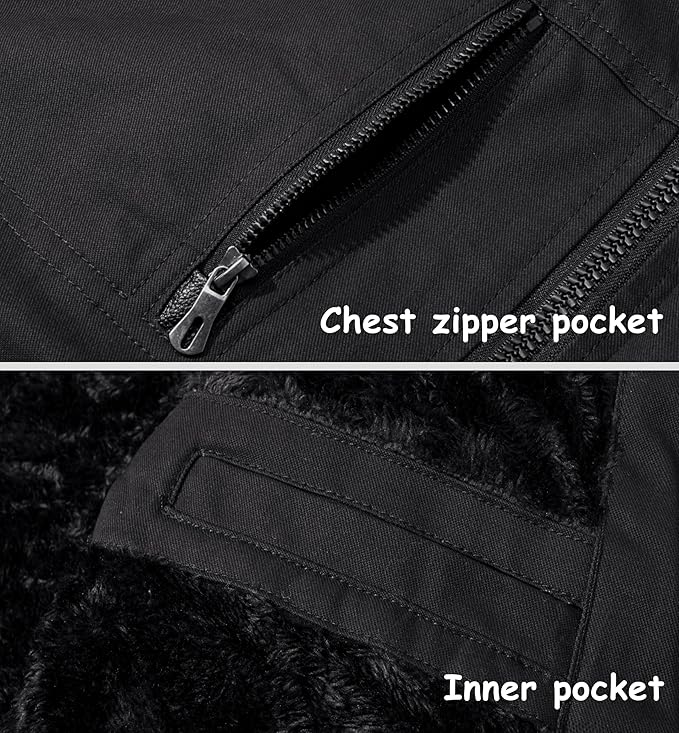 Close-up of chest zipper pocket and inner pocket on a black jacket with fur lining.