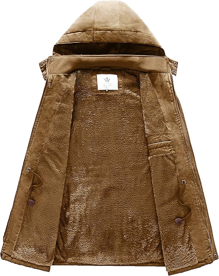 Brown hooded jacket with a visible brand logo on a white background