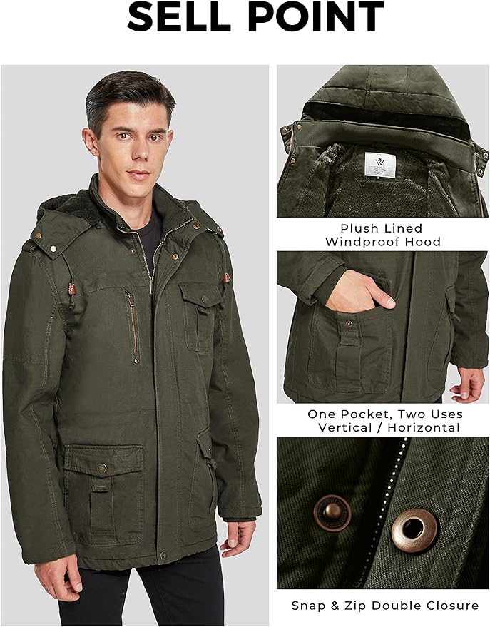 Mens Winter Parka Jacket Thick Fleece Lining Hooded Coat WenVen, Size M
