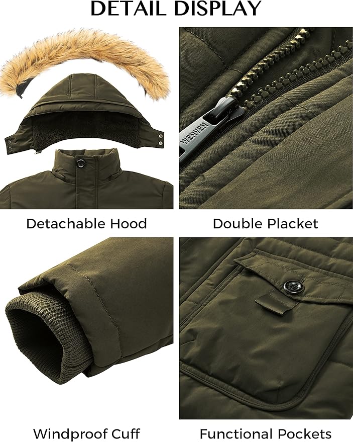 Green jacket with detachable hood, double placket, windproof cuff, and functional pockets.