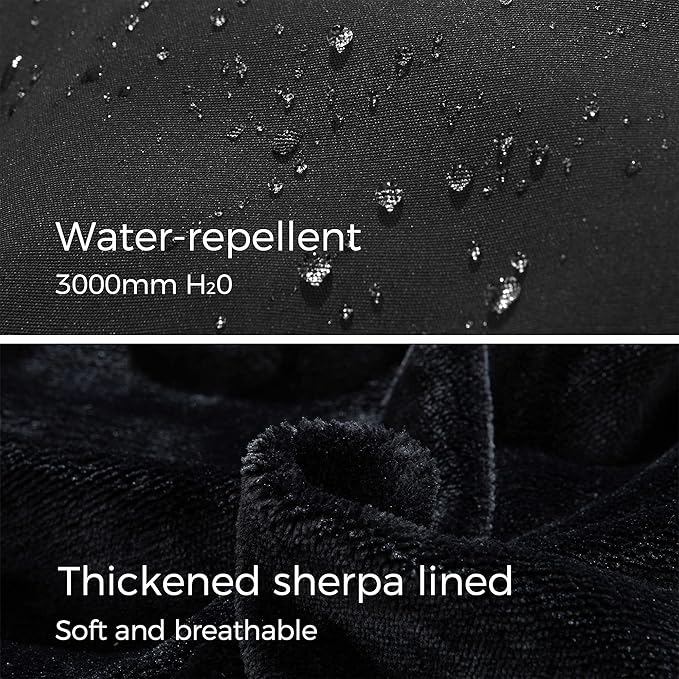 Water-repellent fabric with water droplets and text, thickened sherpa lining with soft and breathable description.