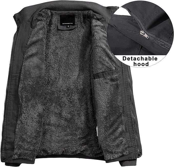 Dark gray fleece jacket with a detachable hood on a white background