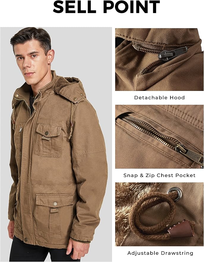 Brown jacket with detachable hood, snap & zip chest pocket, and adjustable drawstring on a gray background.