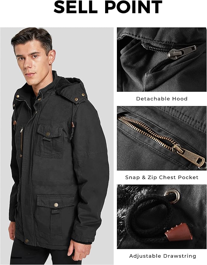 Black jacket with detachable hood, snap & zip chest pocket, and adjustable drawstring on a gray background.